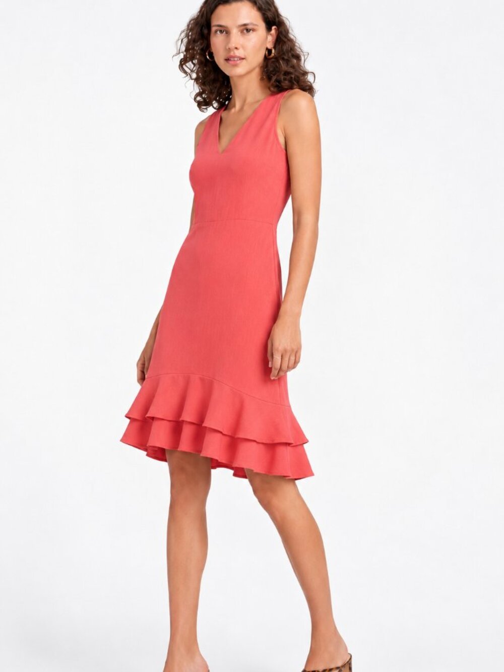 Ann Taylor Double Ruffle Sheath Dress Coral High Neck Size 8 NWT